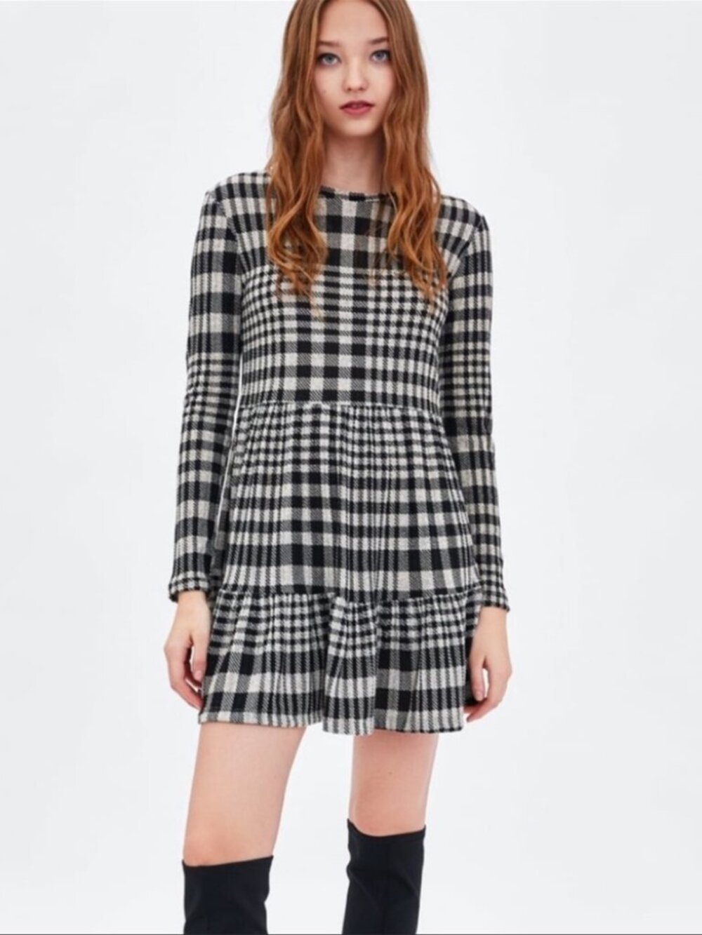 ZARA Plaid Checkered Tartan Midi Long Sleeve Dress Size Small